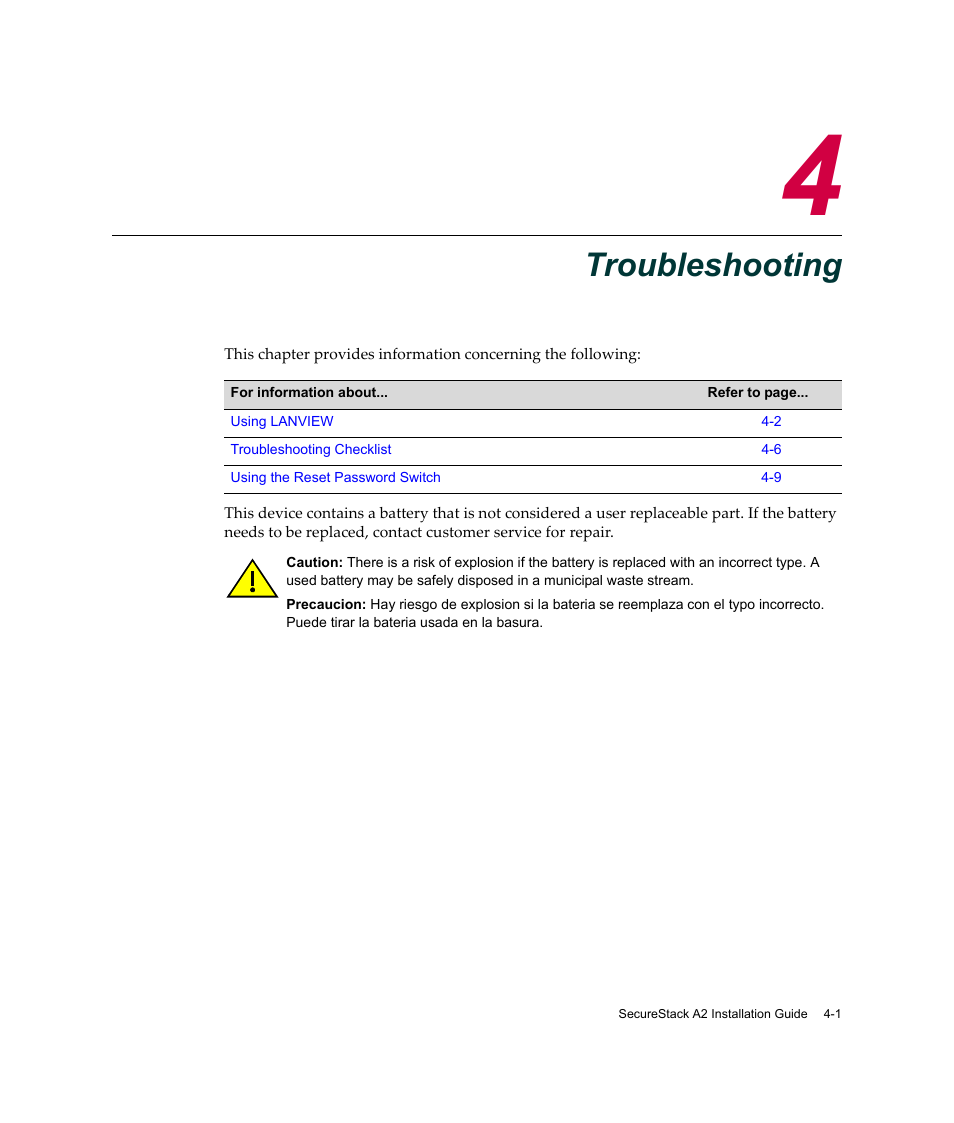 Troubleshooting, Chapter 4: troubleshooting, Hapter 4 | Chapter 4 | Enterasys Networks A2H124-24FX User Manual | Page 63 / 82
