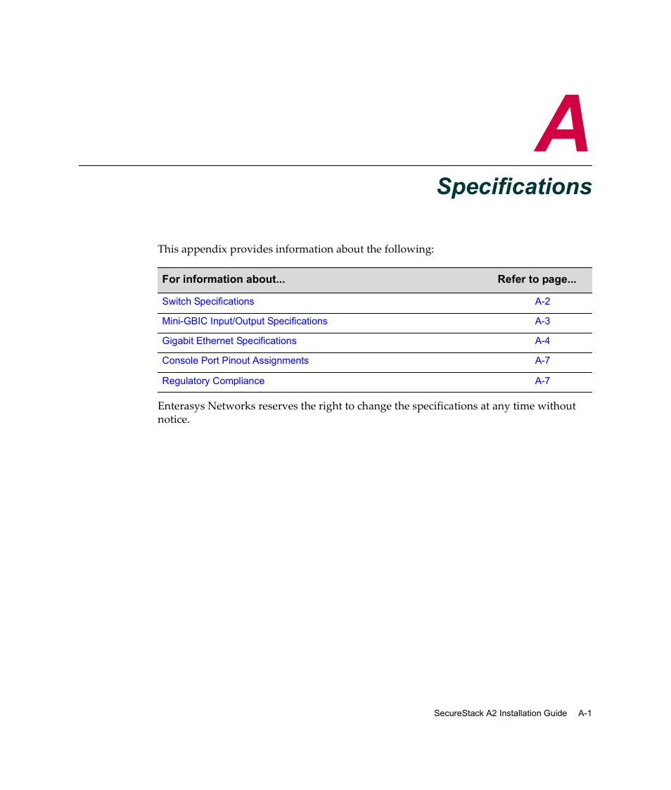 Specifications, Appendix a: specifications, Appendix a | Enterasys Networks A2H124-24FX User Manual | Page 73 / 82