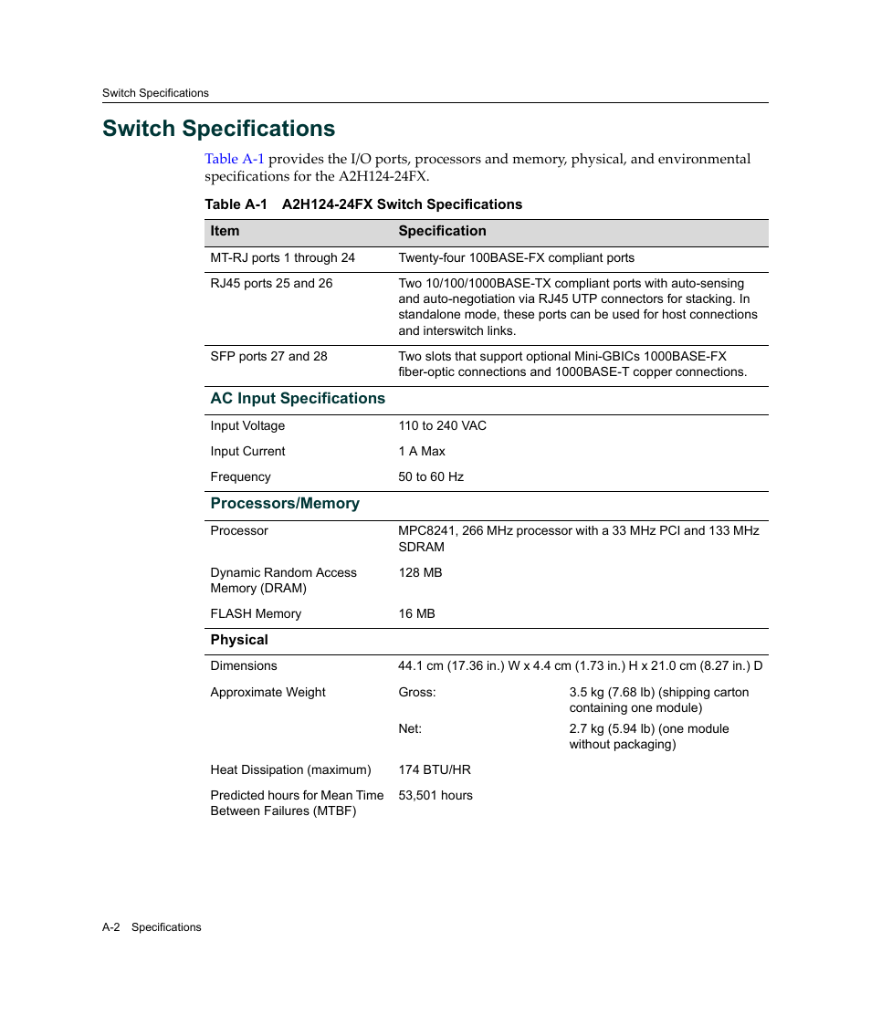 Switch specifications | Enterasys Networks A2H124-24FX User Manual | Page 74 / 82