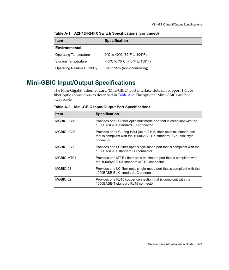 Mini-gbic input/output specifications | Enterasys Networks A2H124-24FX User Manual | Page 75 / 82