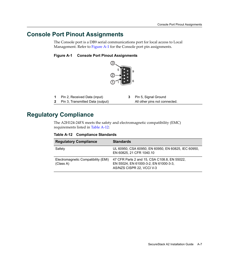 Console port pinout assignments, Regulatory compliance, A-12 | Enterasys Networks A2H124-24FX User Manual | Page 79 / 82