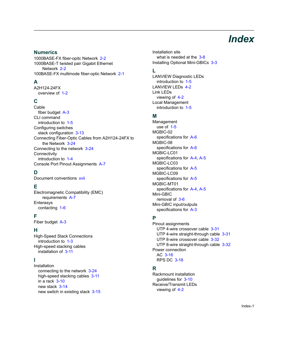 Index, Numerics | Enterasys Networks A2H124-24FX User Manual | Page 81 / 82