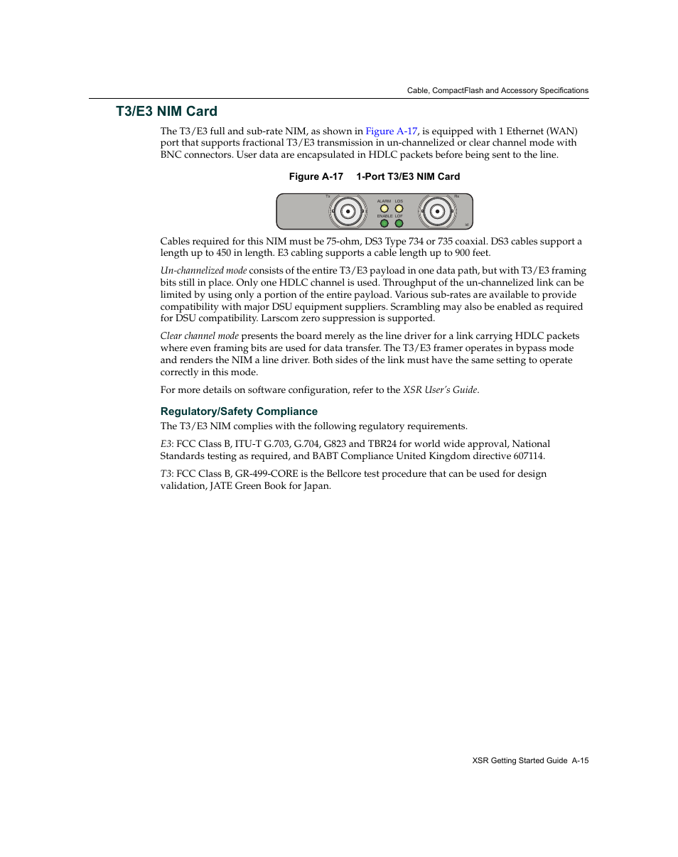 T3/e3 nim card, Regulatory/safety compliance | Enterasys Networks XSR-3020 User Manual | Page 101 / 110