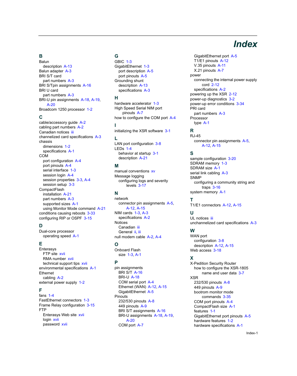 Index | Enterasys Networks XSR-3020 User Manual | Page 109 / 110