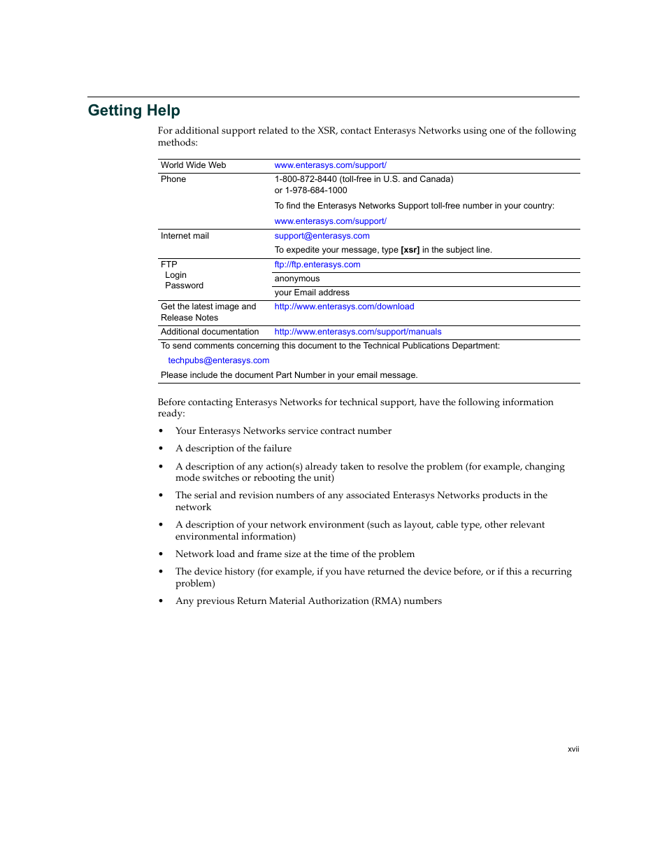 Getting help | Enterasys Networks XSR-3020 User Manual | Page 19 / 110