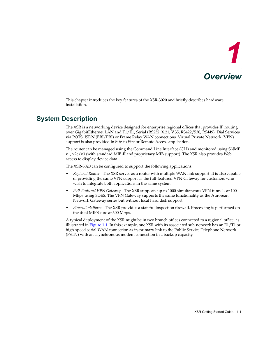 Overview, System description, Chapter 1: overview | System description -1 | Enterasys Networks XSR-3020 User Manual | Page 21 / 110