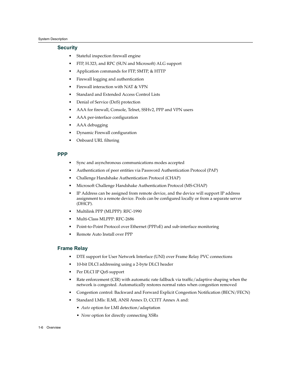 Security -6 ppp -6 frame relay -6 | Enterasys Networks XSR-3020 User Manual | Page 26 / 110