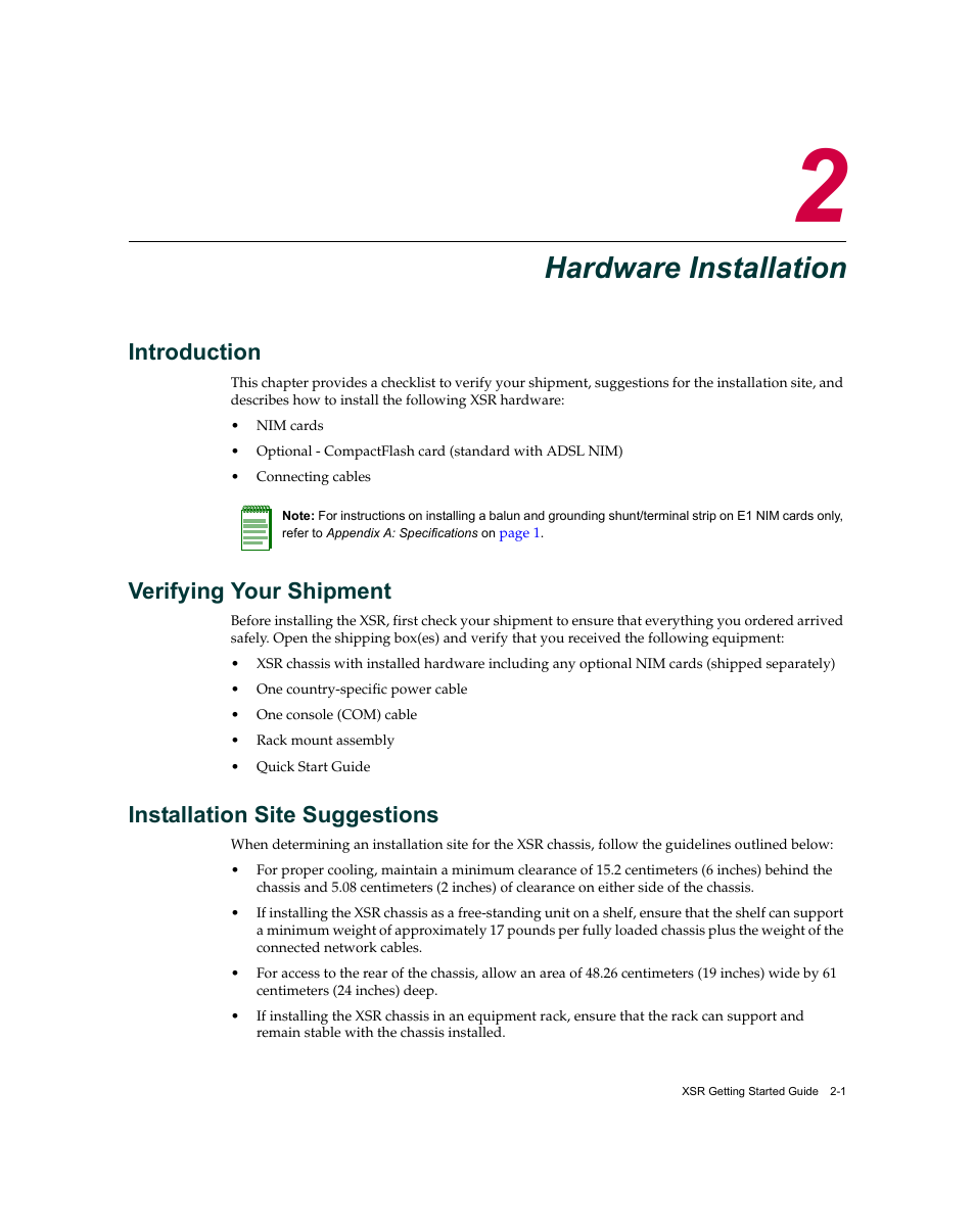 Hardware installation, Introduction, Verifying your shipment | Installation site suggestions, Chapter 2: hardware installation | Enterasys Networks XSR-3020 User Manual | Page 33 / 110