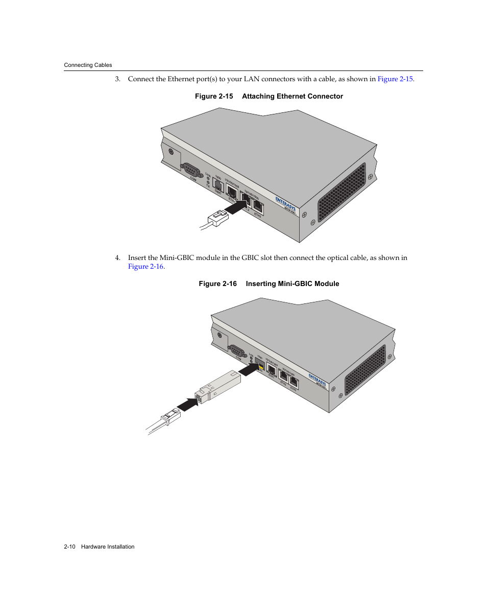 Connecting cables 2-10 hardware installation | Enterasys Networks XSR-3020 User Manual | Page 42 / 110