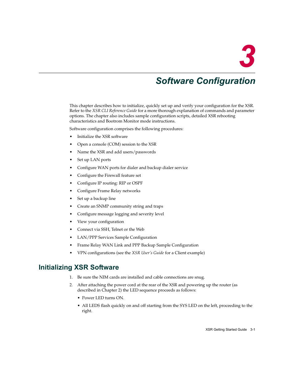 Software configuration, Initializing xsr software, Chapter 3: software configuration | Initializing xsr software -1, Bed in, Chapter 3 | Enterasys Networks XSR-3020 User Manual | Page 45 / 110