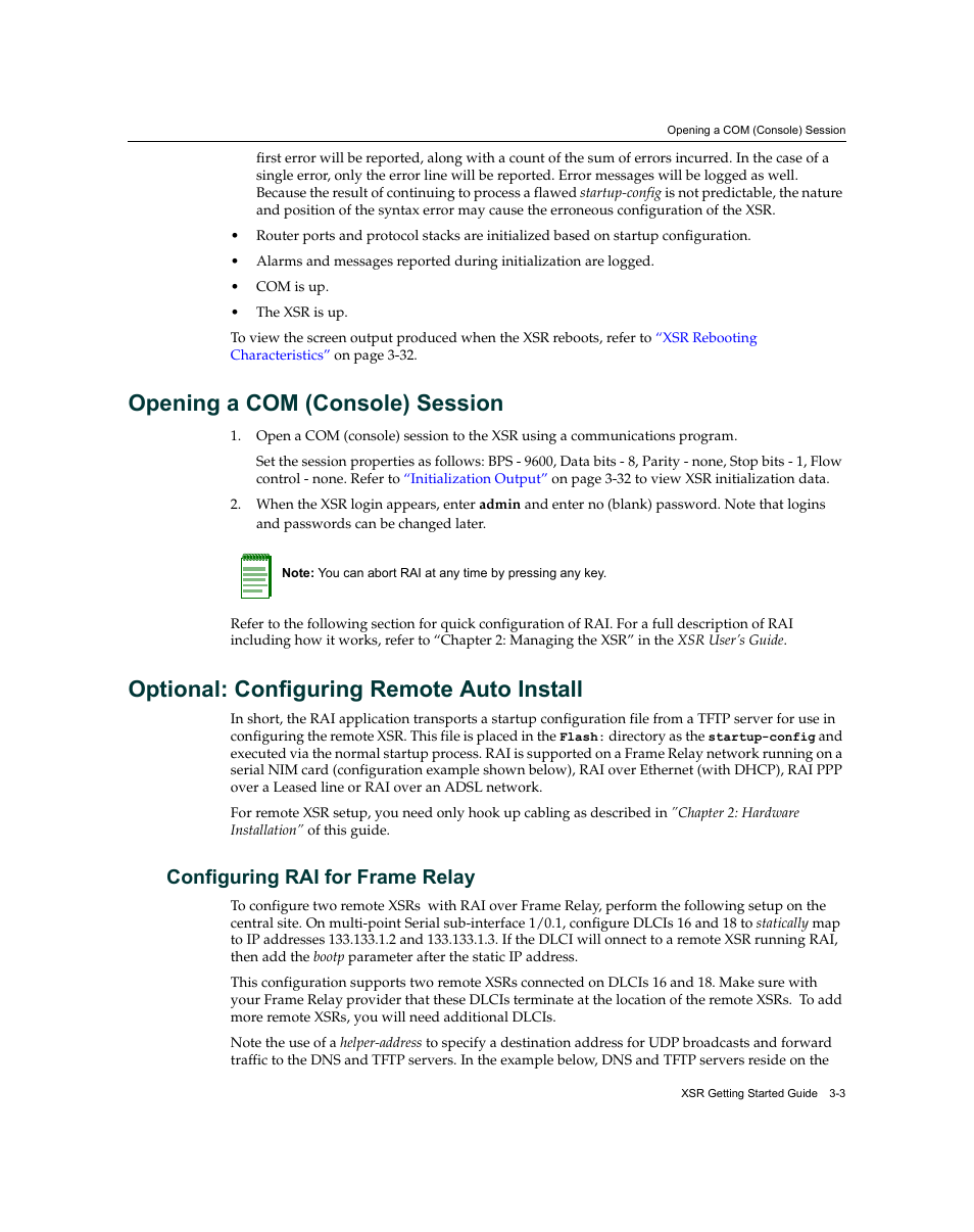 Opening a com (console) session, Optional: configuring remote auto install, Configuring rai for frame relay | Configuring rai for frame relay -3 | Enterasys Networks XSR-3020 User Manual | Page 47 / 110