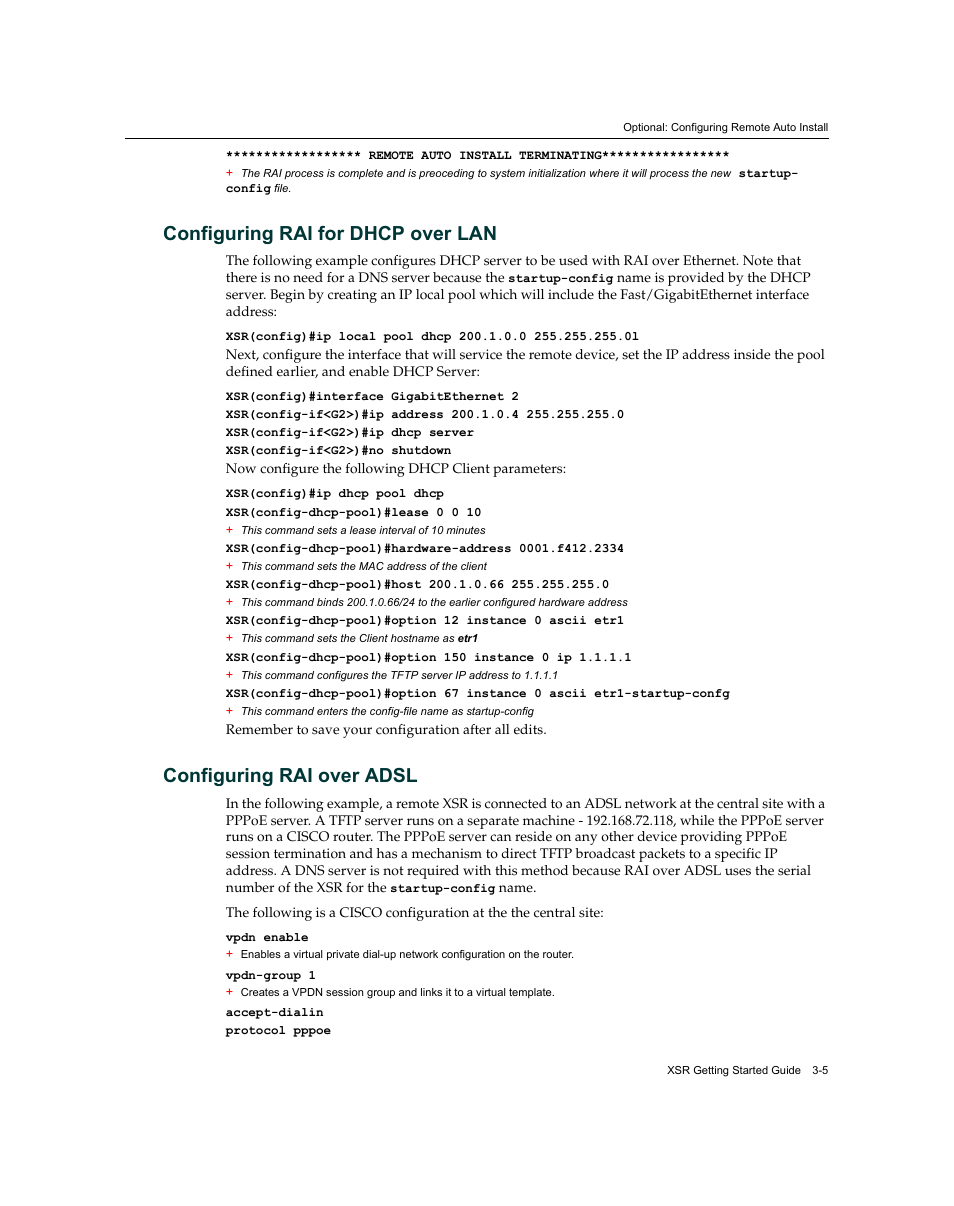 Configuring rai for dhcp over lan, Configuring rai over adsl | Enterasys Networks XSR-3020 User Manual | Page 49 / 110