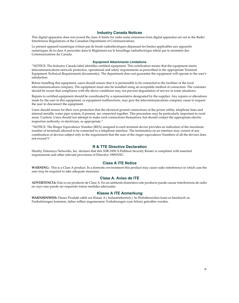 Enterasys Networks XSR-3020 User Manual | Page 5 / 110