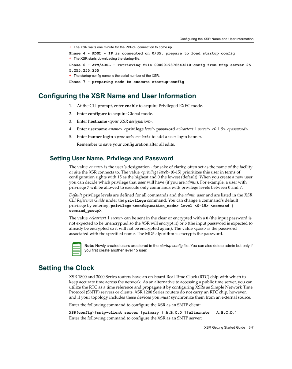 Configuring the xsr name and user information, Setting user name, privilege and password, Setting the clock | Configuring the xsr name and user information -7, Setting user name, privilege and password -7, Setting the clock -7 | Enterasys Networks XSR-3020 User Manual | Page 51 / 110