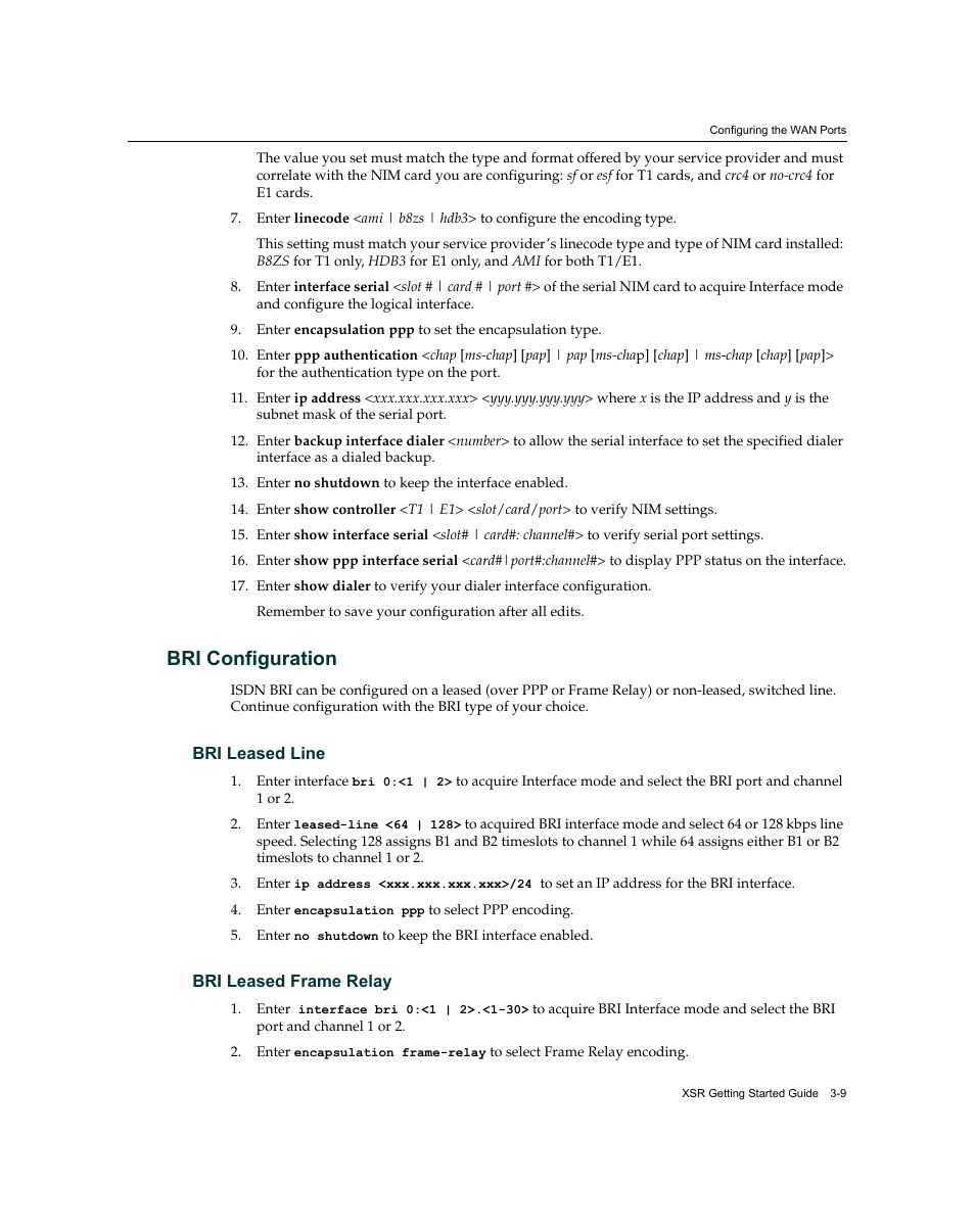 Bri configuration, Bri configuration -9, Bri leased line -9 bri leased frame relay -9 | Enterasys Networks XSR-3020 User Manual | Page 53 / 110