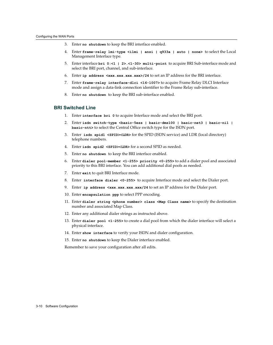 Bri switched line -10 | Enterasys Networks XSR-3020 User Manual | Page 54 / 110