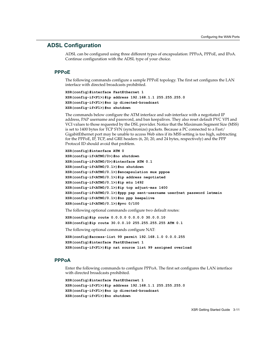 Adsl configuration, Adsl configuration -11, Pppoe -11 pppoa -11 | Adsl, Configuration | Enterasys Networks XSR-3020 User Manual | Page 55 / 110