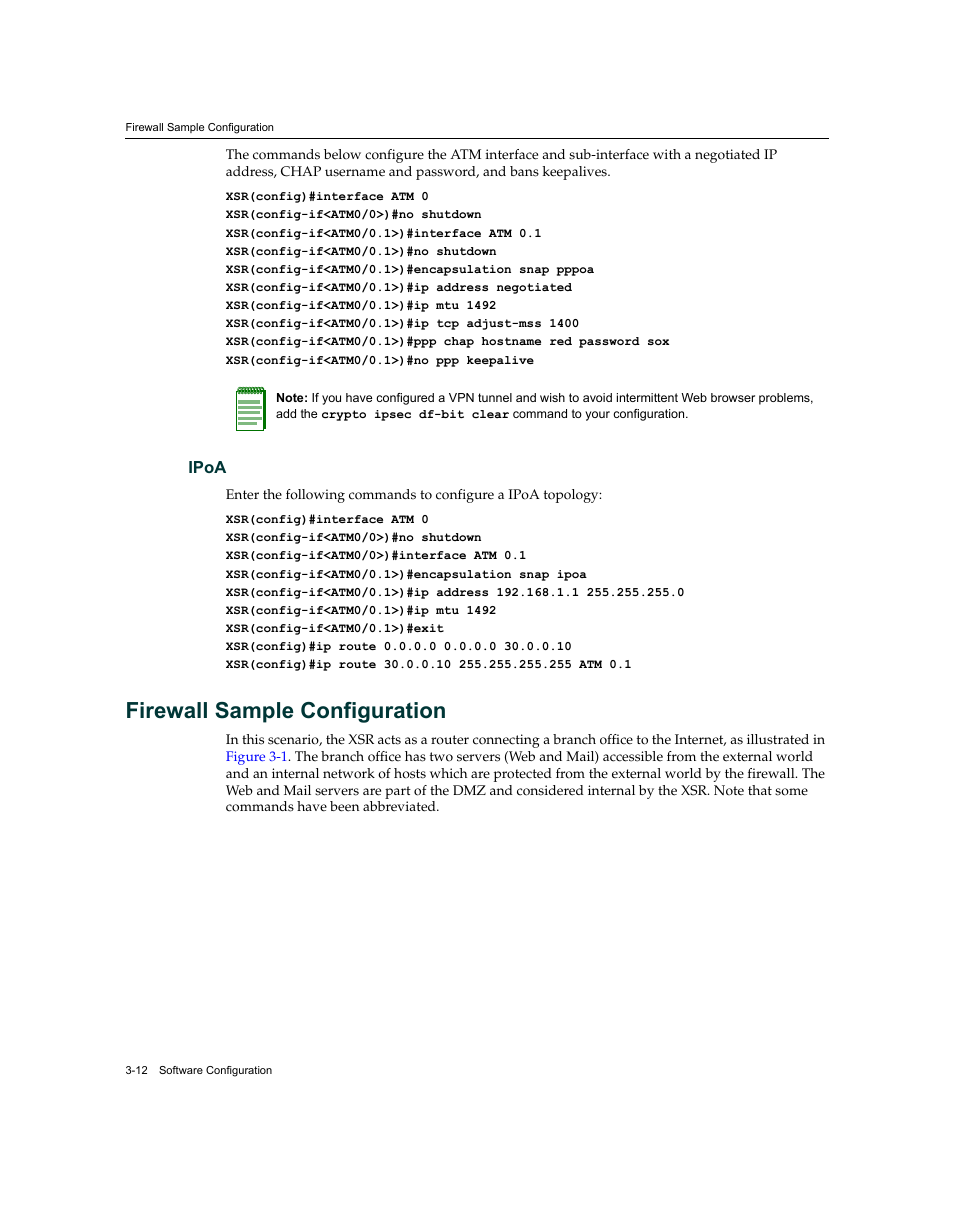 Firewall sample configuration, Ipoa -12, Firewall sample configuration -12 | Enterasys Networks XSR-3020 User Manual | Page 56 / 110