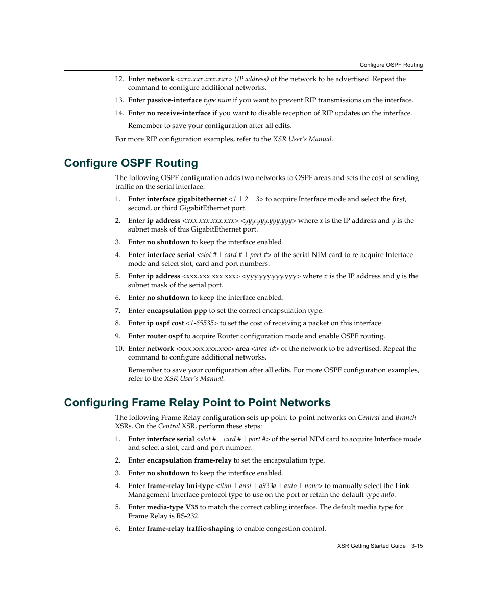 Configure ospf routing, Configuring frame relay point to point networks | Enterasys Networks XSR-3020 User Manual | Page 59 / 110