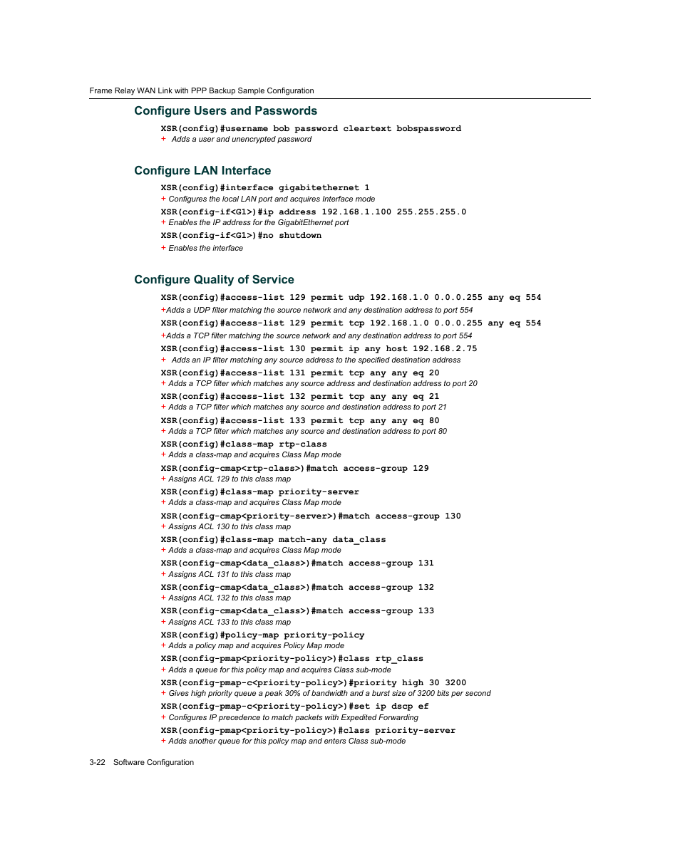 Configure users and passwords, Configure lan interface, Configure quality of service | Enterasys Networks XSR-3020 User Manual | Page 66 / 110
