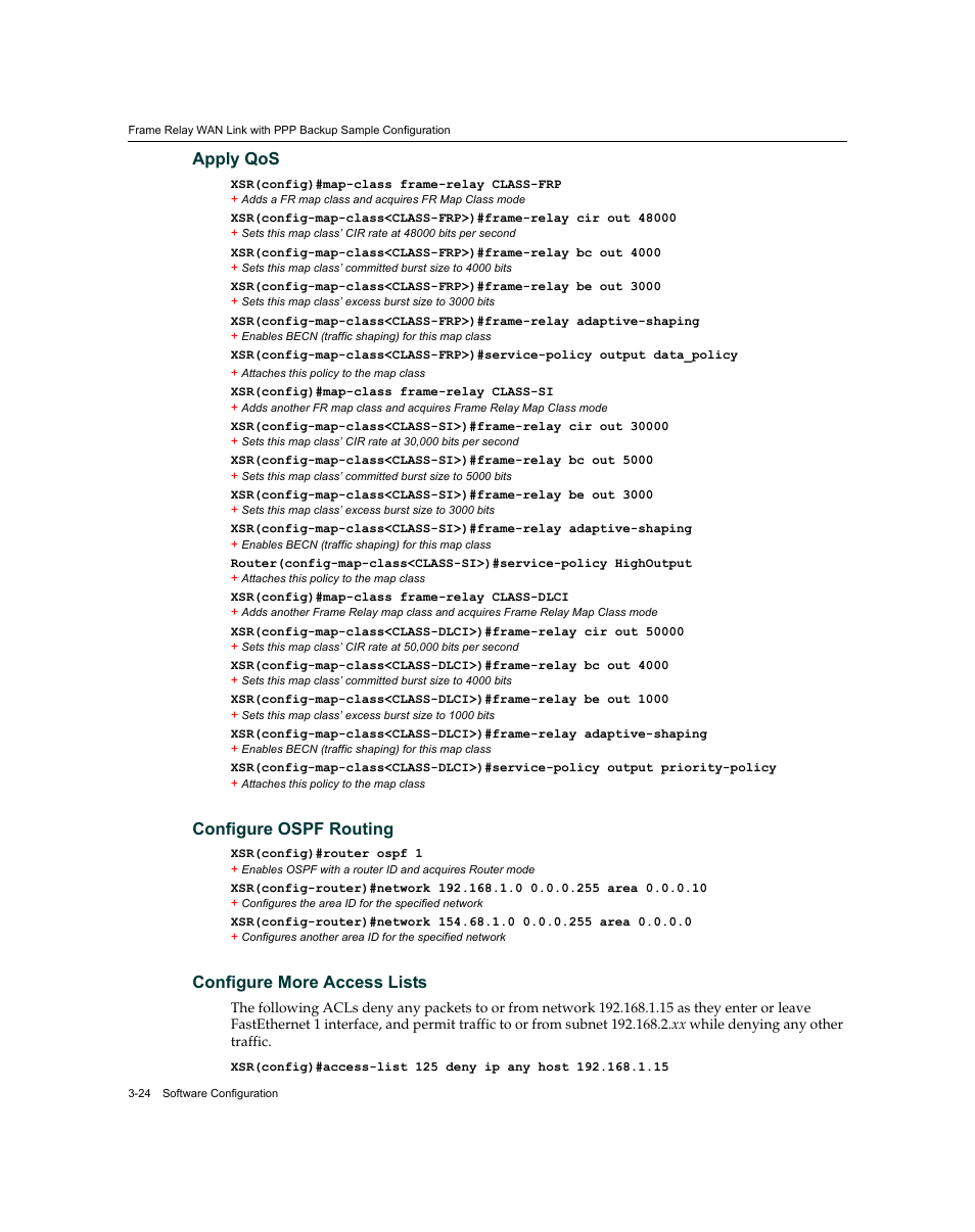 Apply qos, Configure ospf routing, Configure more access lists | Enterasys Networks XSR-3020 User Manual | Page 68 / 110