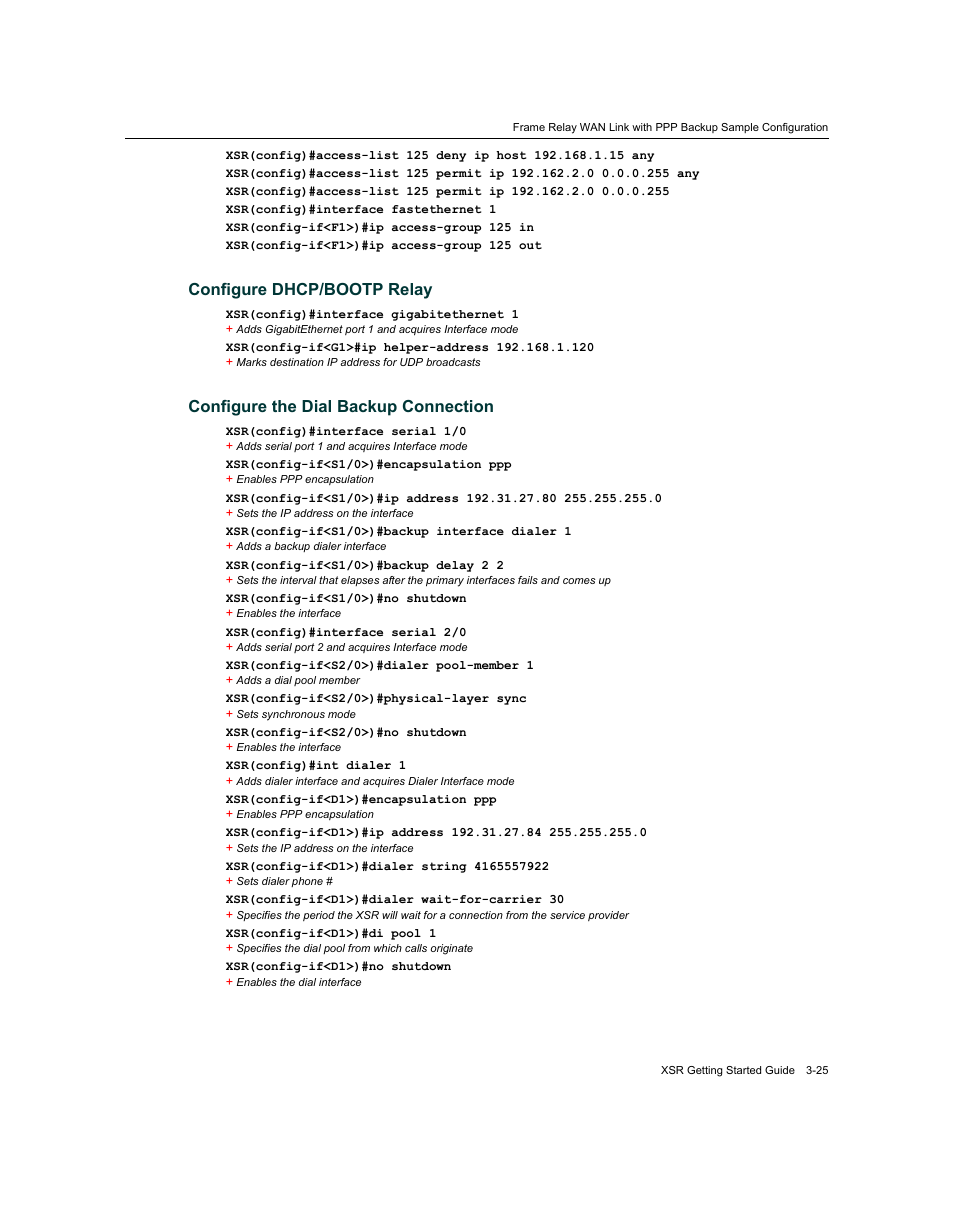 Configure dhcp/bootp relay, Configure the dial backup connection | Enterasys Networks XSR-3020 User Manual | Page 69 / 110