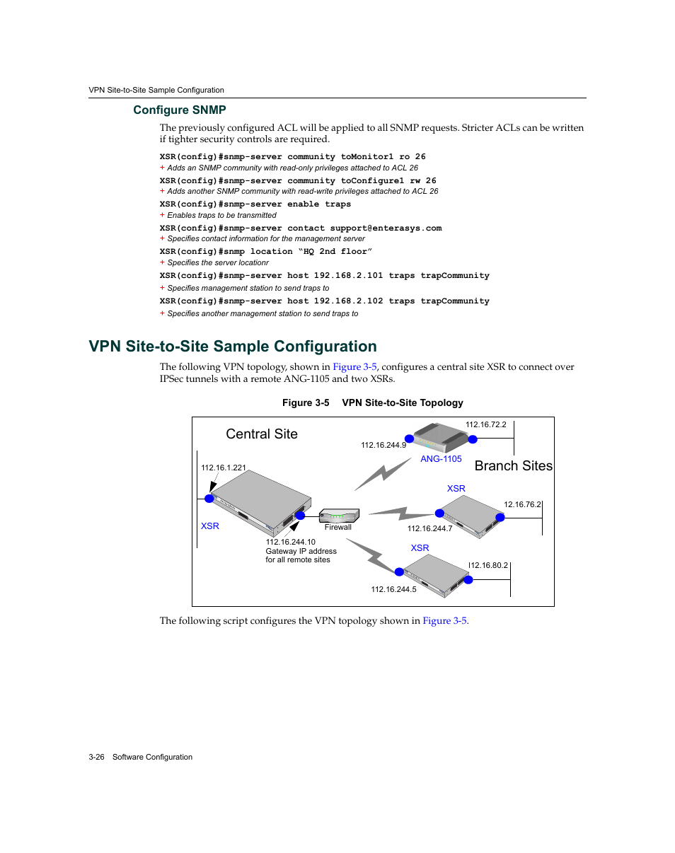 Vpn site-to-site sample configuration, Configure snmp -26, Vpn site-to-site sample configuration -26 | Central site branch sites | Enterasys Networks XSR-3020 User Manual | Page 70 / 110