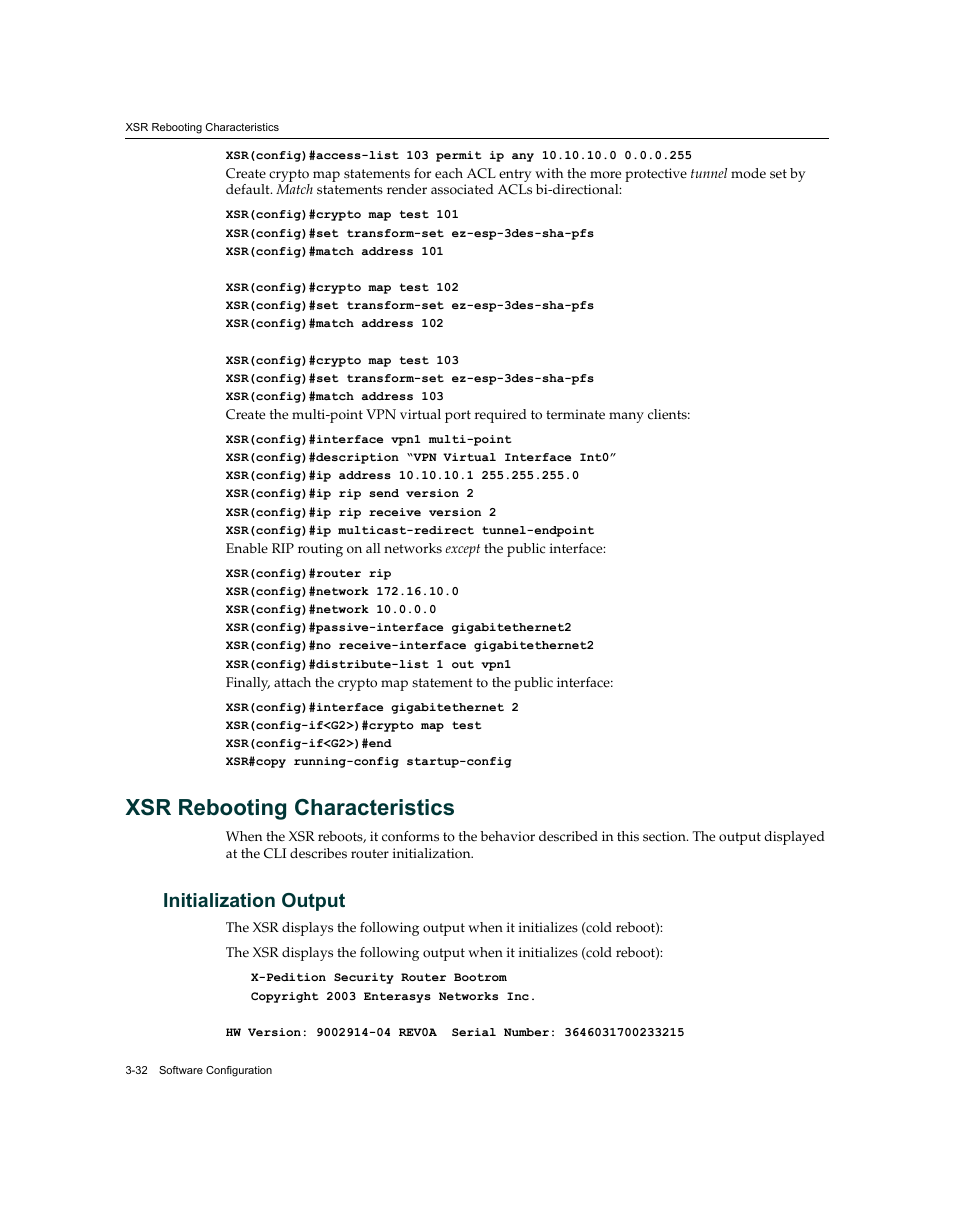 Xsr rebooting characteristics, Initialization output, Xsr rebooting characteristics -32 | Initialization output -32, Xsr rebooting, Characteristics, Refer to | Enterasys Networks XSR-3020 User Manual | Page 76 / 110