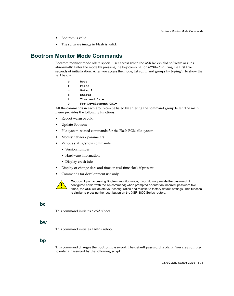 Bootrom monitor mode commands, Bootrom monitor mode commands -35, Bc -35 bw -35 bp -35 | Bootrom monitor, Mode commands | Enterasys Networks XSR-3020 User Manual | Page 79 / 110