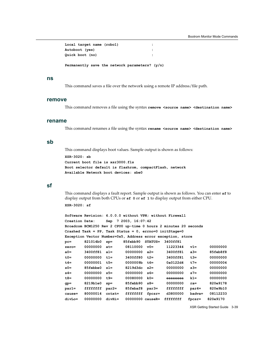 Remove, Rename, Ns -39 remove -39 rename -39 sb -39 sf -39 | Enterasys Networks XSR-3020 User Manual | Page 83 / 110