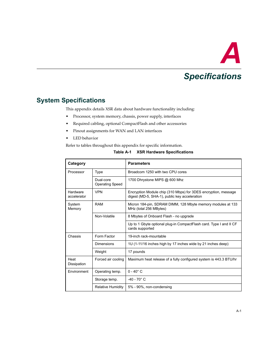Specifications, System specifications, Appendix a: specifications | Enterasys Networks XSR-3020 User Manual | Page 87 / 110
