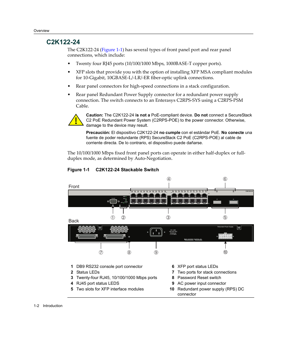 C2k122-24, C2k122-24 -2, C2k122-24 stackable switch -2 | Ге й, Back front, Overview 1-2 introduction | Enterasys Networks C2K122-24 User Manual | Page 22 / 70