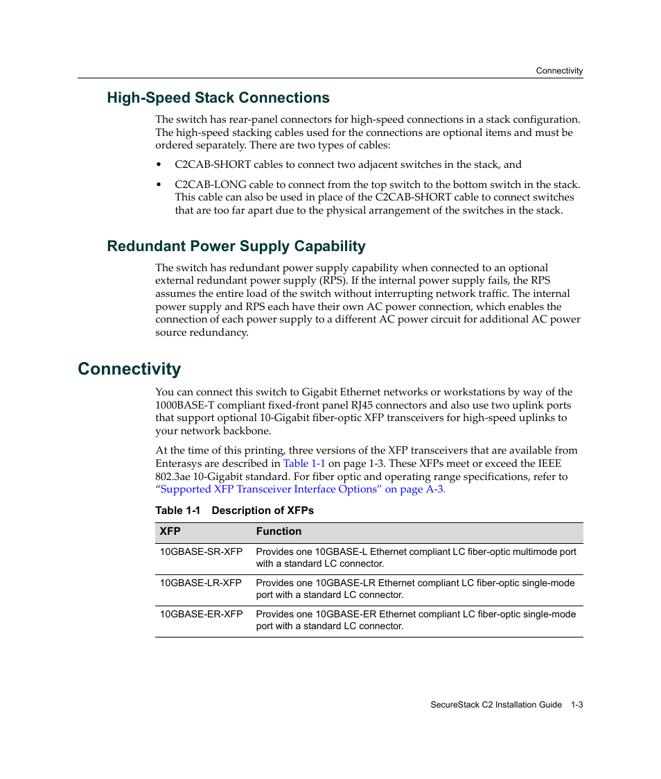 High-speed stack connections, Redundant power supply capability, Connectivity | Connectivity -3, Description of xfps -3 | Enterasys Networks C2K122-24 User Manual | Page 23 / 70