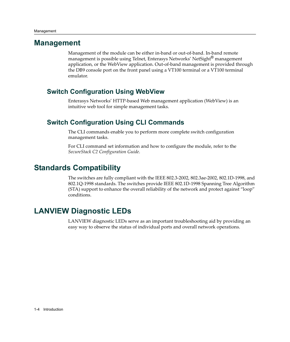 Management, Switch configuration using webview, Switch configuration using cli commands | Standards compatibility, Lanview diagnostic leds, Management -4, Standards compatibility -4 lanview diagnostic leds | Enterasys Networks C2K122-24 User Manual | Page 24 / 70