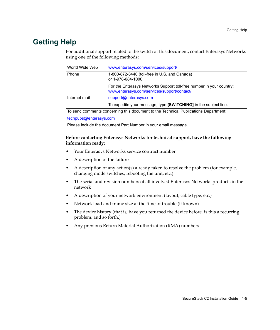 Getting help, Getting help -5 | Enterasys Networks C2K122-24 User Manual | Page 25 / 70