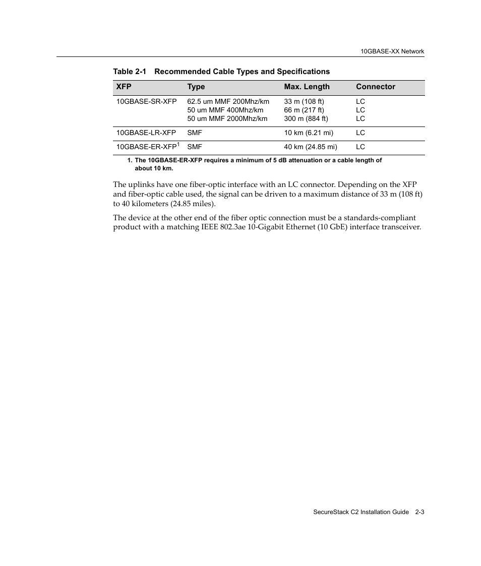 Recommended cable types and specifications -3, Table 2‐1 | Enterasys Networks C2K122-24 User Manual | Page 29 / 70