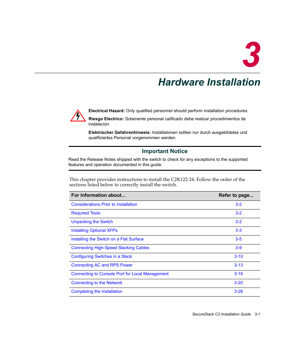 Hardware installation, Chapter 3: hardware installation, Hapter 3 | Enterasys Networks C2K122-24 User Manual | Page 31 / 70