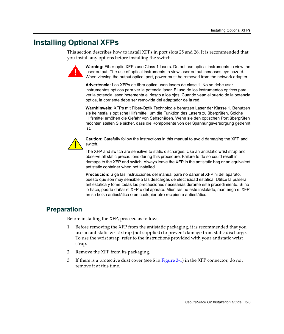 Installing optional xfps, Preparation, Installing optional xfps -3 | Preparation -3 | Enterasys Networks C2K122-24 User Manual | Page 33 / 70