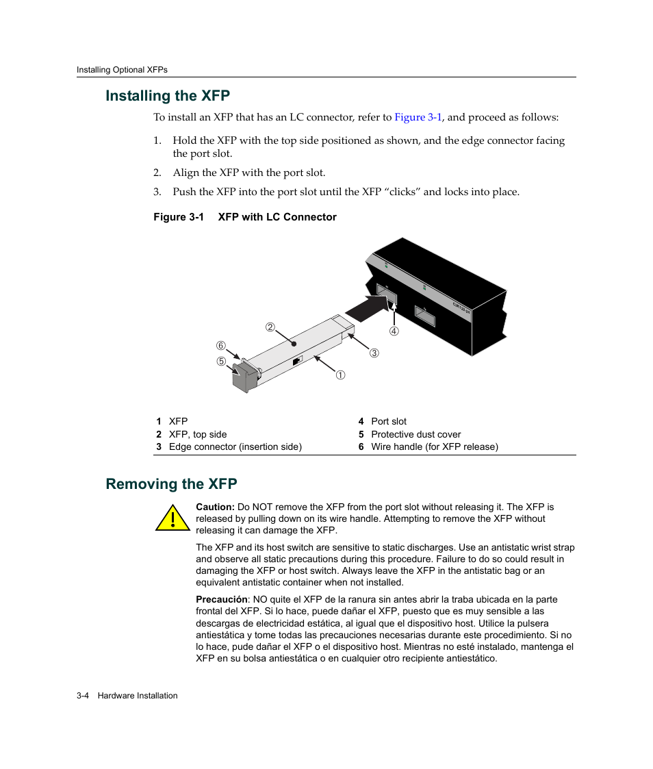 Installing the xfp, Removing the xfp, Installing the xfp -4 removing the xfp -4 | Xfp with lc connector -4 | Enterasys Networks C2K122-24 User Manual | Page 34 / 70