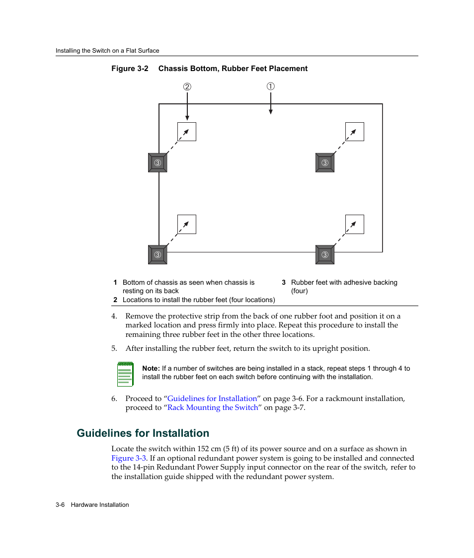 Guidelines for installation, Guidelines for installation -6, Chassis bottom, rubber feet placement -6 | Figure 3‐2 | Enterasys Networks C2K122-24 User Manual | Page 36 / 70