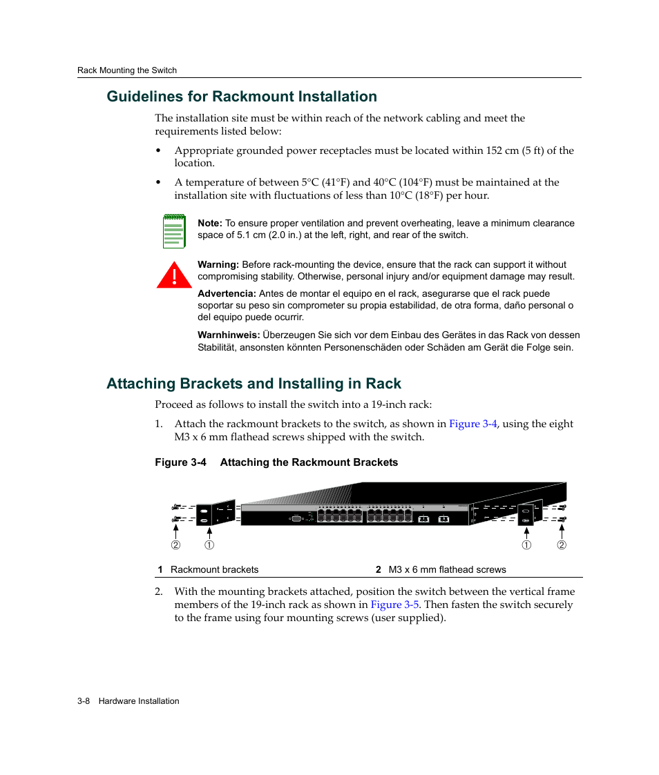 Guidelines for rackmount installation, Attaching brackets and installing in rack, Attaching the rackmount brackets -8 | Ба б а | Enterasys Networks C2K122-24 User Manual | Page 38 / 70