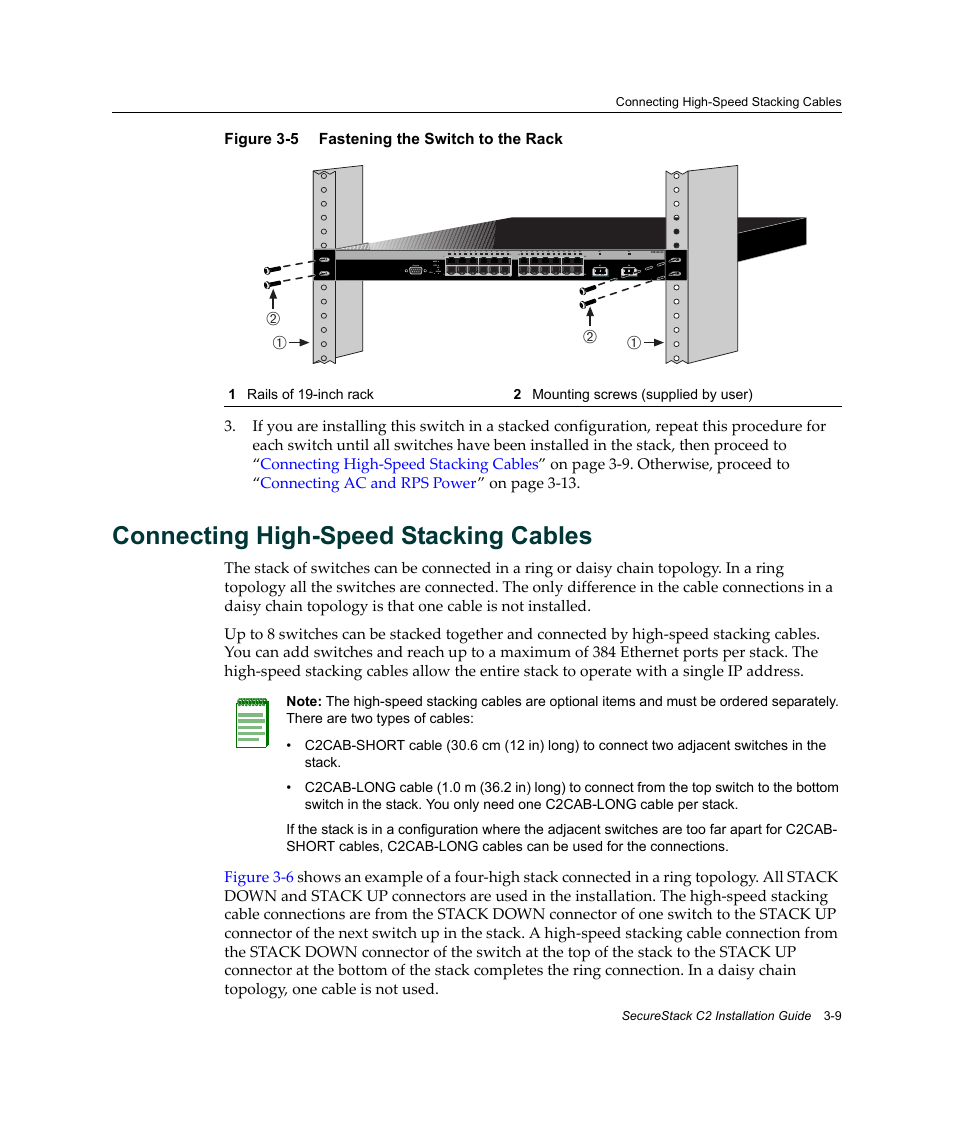 Connecting high-speed stacking cables, Connecting high-speed stacking cables -9, Fastening the switch to the rack -9 | Connecting high‐speed stacking cables, Figure 3‐5, Аб б а | Enterasys Networks C2K122-24 User Manual | Page 39 / 70