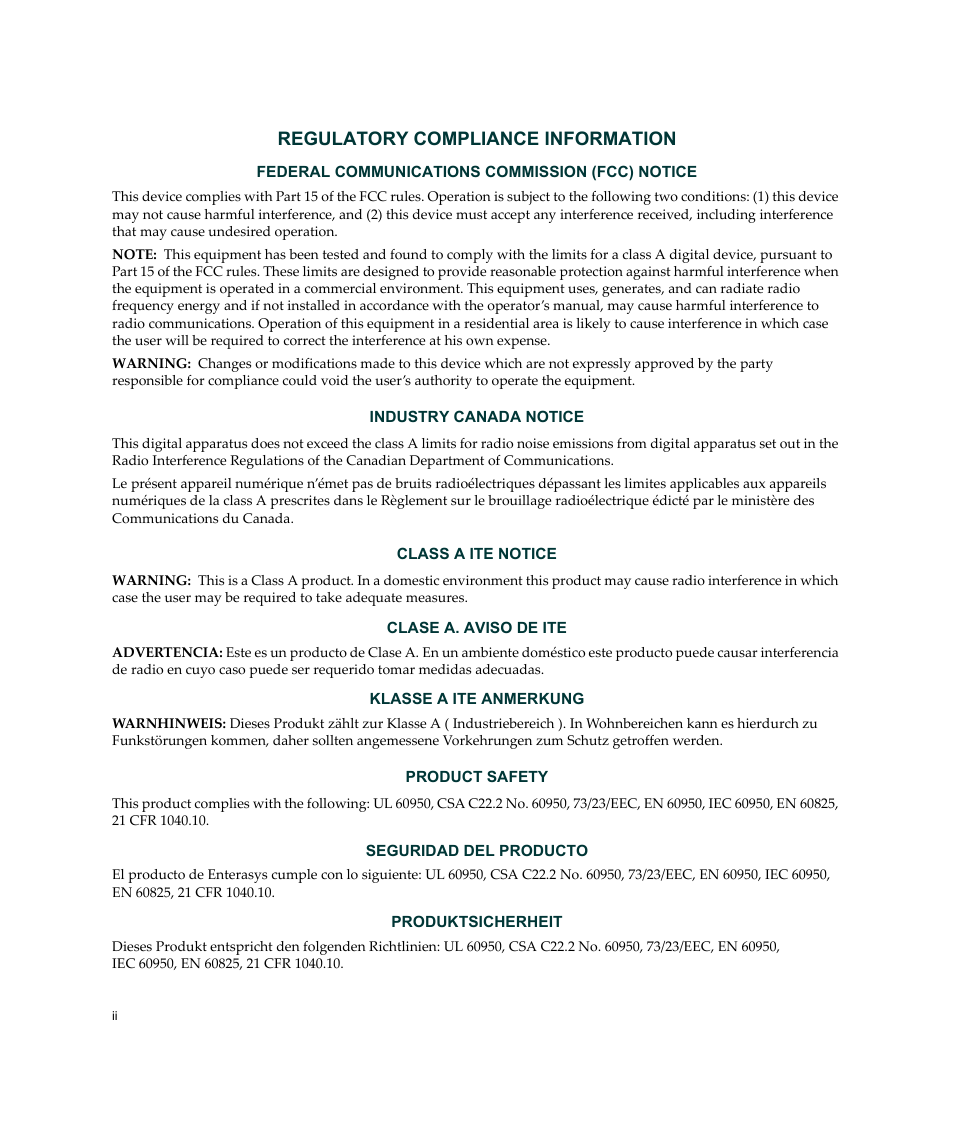 Regulatory compliance information, Federal communications commission (fcc) notice, Clase a. aviso de ite | Klasse a ite anmerkung, Seguridad del producto, Produktsicherheit | Enterasys Networks C2K122-24 User Manual | Page 4 / 70