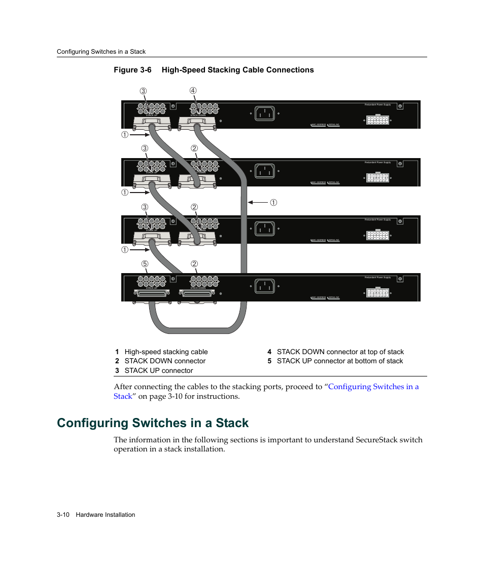 Configuring switches in a stack, Configuring switches in a stack -10, High-speed stacking cable connections -10 | Figure 3‐6 | Enterasys Networks C2K122-24 User Manual | Page 40 / 70