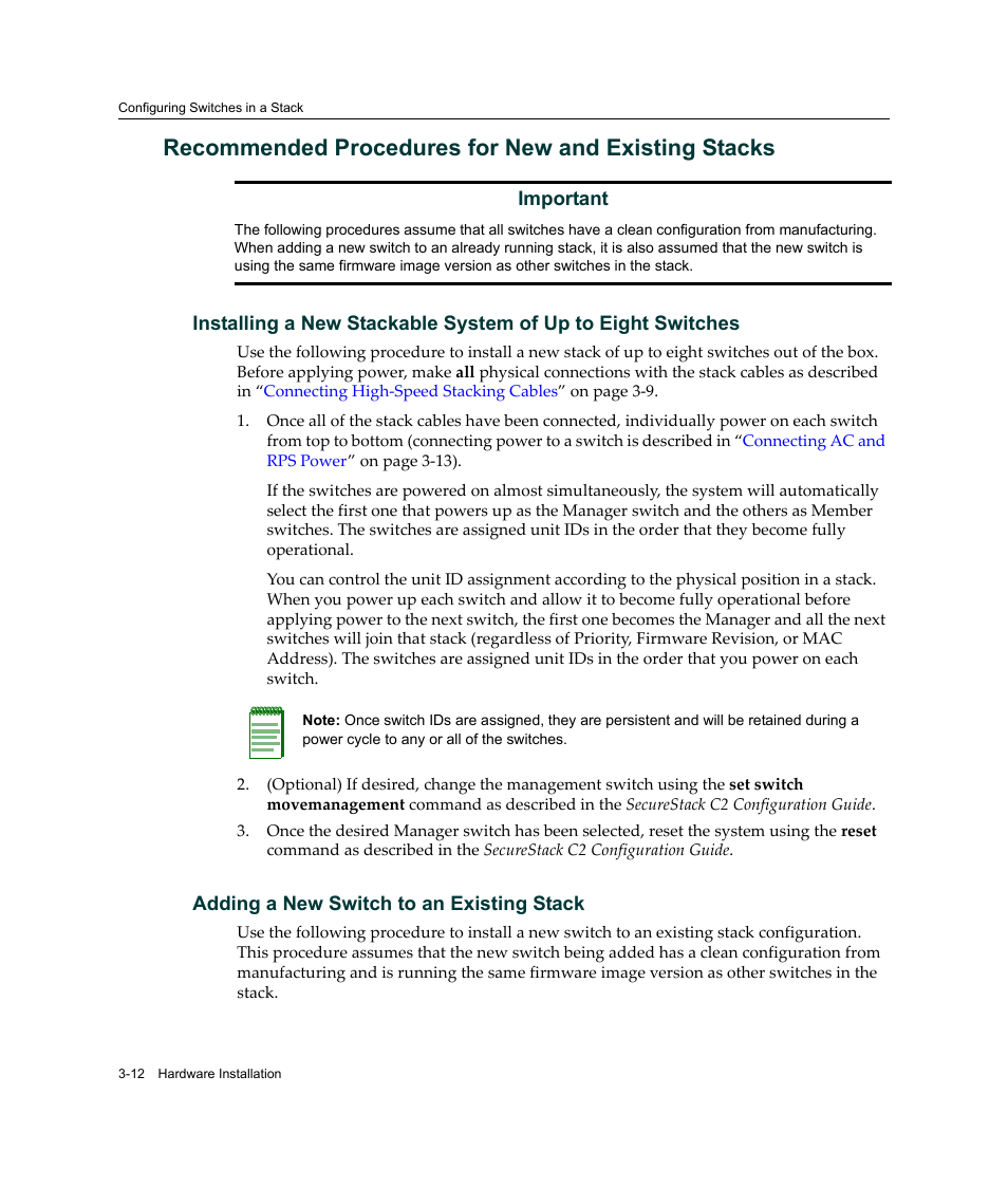 Recommended procedures for new and existing stacks | Enterasys Networks C2K122-24 User Manual | Page 42 / 70