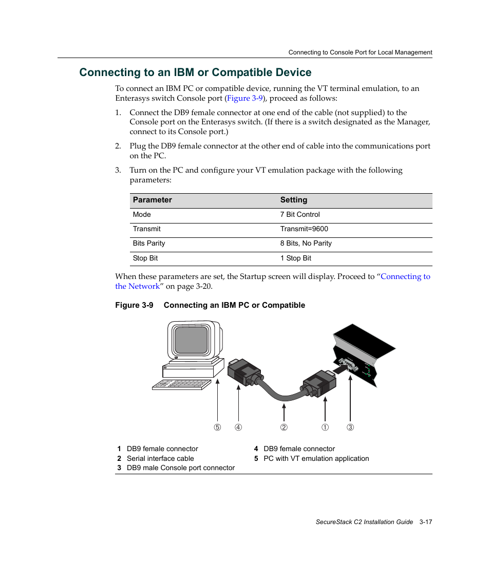 Connecting to an ibm or compatible device, Connecting to an ibm or compatible device -17, Connecting an ibm pc or compatible -17 | Вг б а д | Enterasys Networks C2K122-24 User Manual | Page 47 / 70