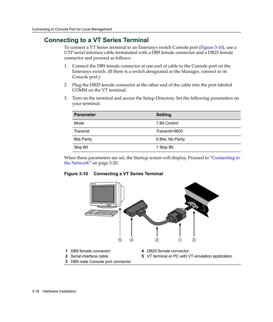 Connecting to a vt series terminal, Connecting to a vt series terminal -18, Connecting a vt series terminal -18 | Вг б а д | Enterasys Networks C2K122-24 User Manual | Page 48 / 70