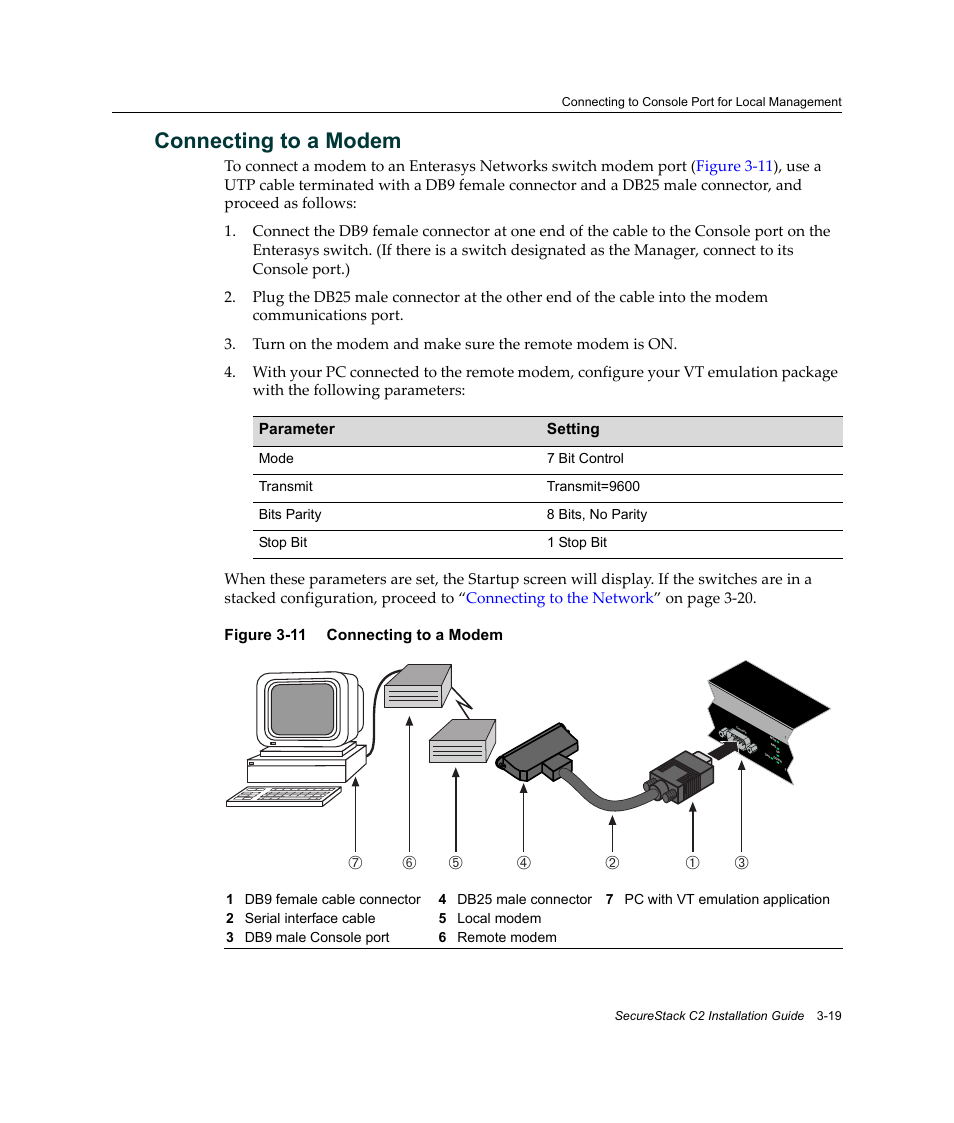 Connecting to a modem, Connecting to a modem -19 | Enterasys Networks C2K122-24 User Manual | Page 49 / 70