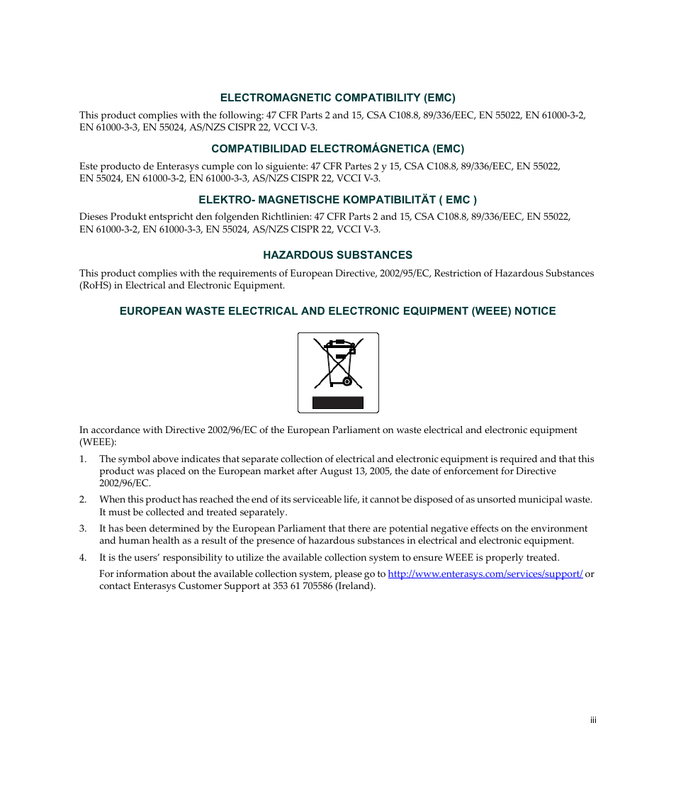 Electromagnetic compatibility (emc), Compatibilidad electromágnetica (emc), Elektro- magnetische kompatibilität ( emc ) | Enterasys Networks C2K122-24 User Manual | Page 5 / 70