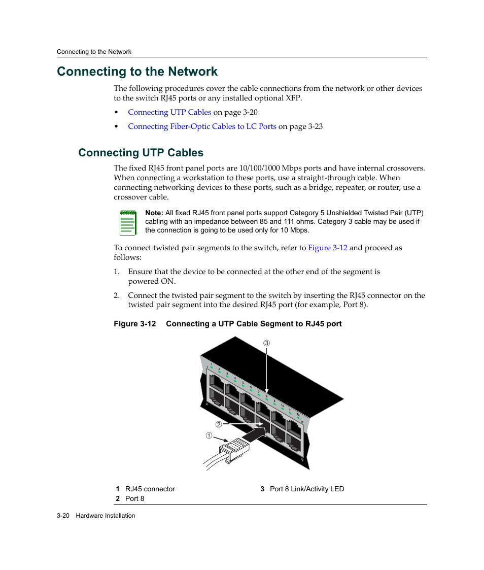 Connecting to the network, Connecting utp cables, Connecting to the network -20 | Connecting utp cables -20, Connecting a utp cable segment to rj45 port -20, Connecting to, The network, Аб в | Enterasys Networks C2K122-24 User Manual | Page 50 / 70